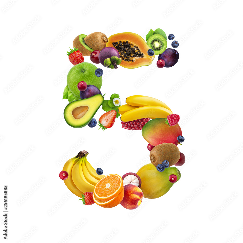 Number five made of different fruits and berries, fruit alphabet isolated on white background