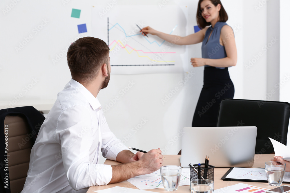 Young businesswoman giving presentation in office