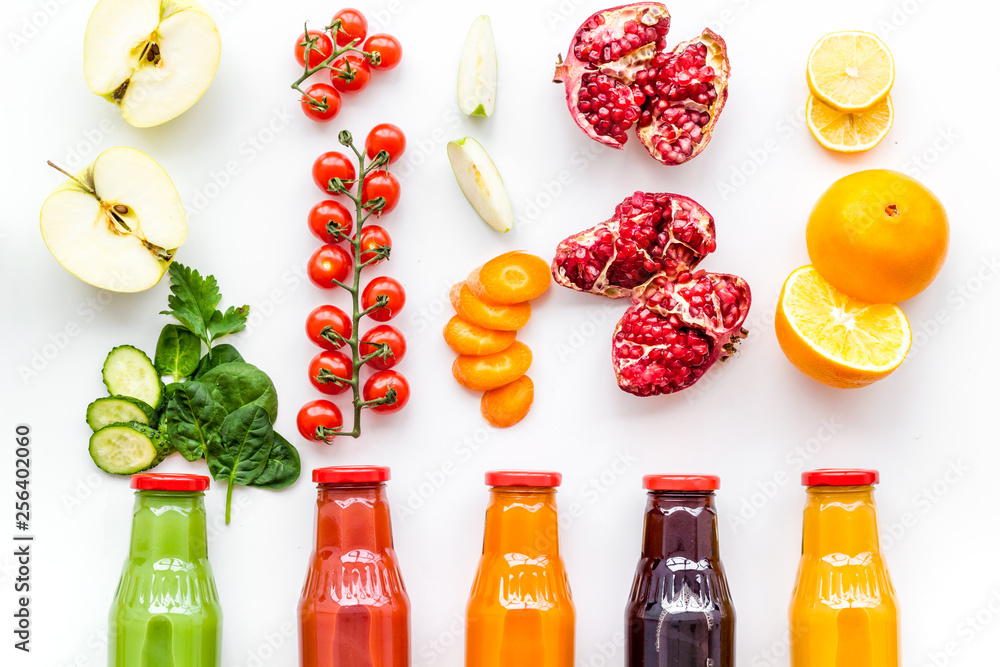 vegetable and fruit juice in bottles for diet drink on white background top view mock up