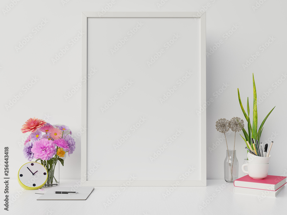 Poster mockup with vertical frame and right/left have book,flower white wall background,3D rendering