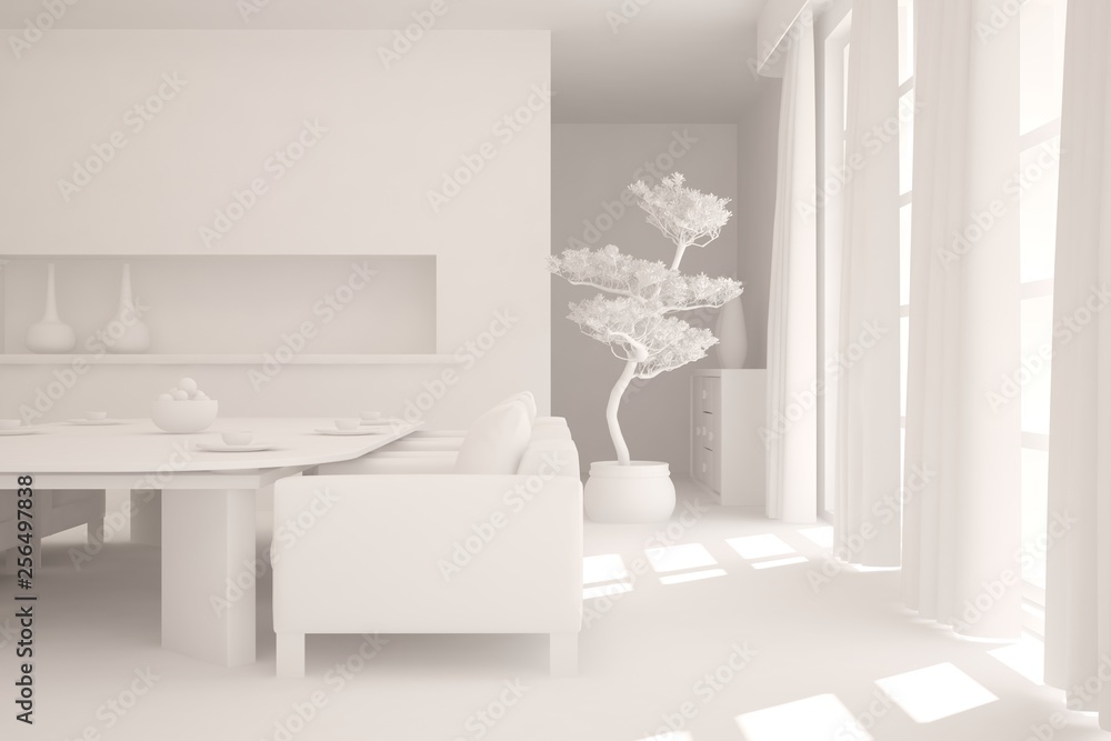 White stylish minimalist kitchen. Scandinavian interior design. 3D illustration