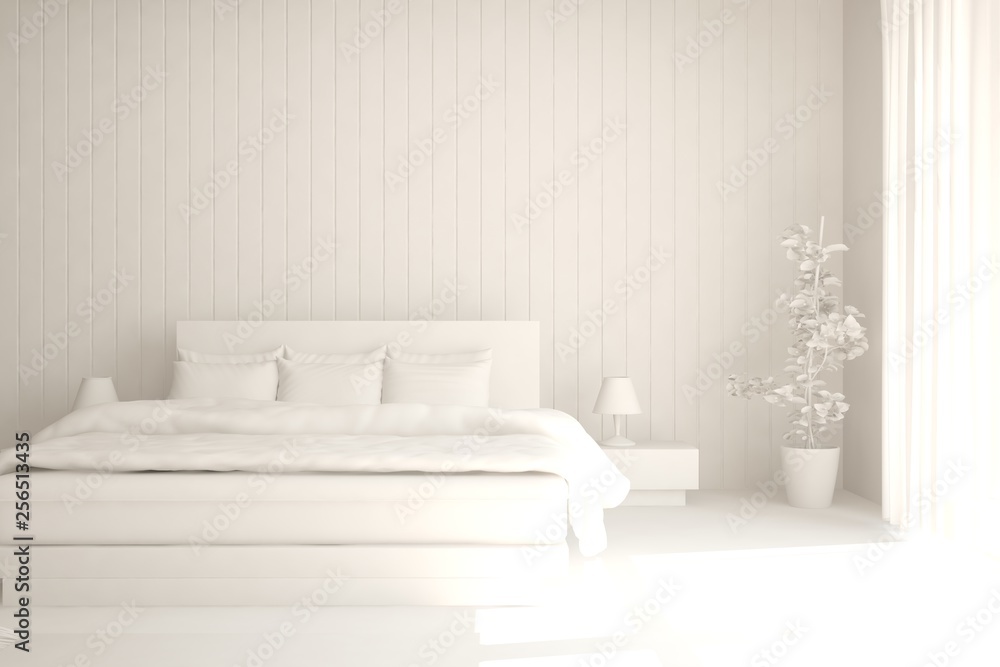 White stylish minimalist bedroom. Scandinavian interior design. 3D illustration