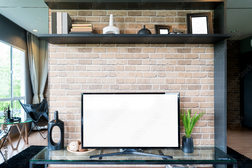 TV and shelf in living room Contemporary style. Furniture in brown with decorative at home.