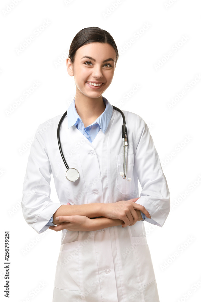 Female doctor on white background