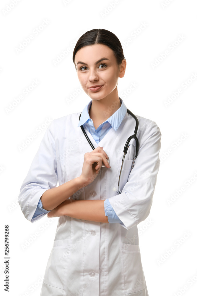 Female doctor on white background