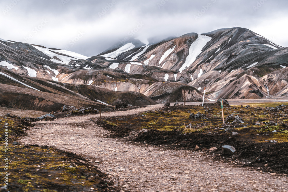 Beautiful Landmanalaugar gravel dust road way on highland of Iceland, Europe. Muddy tough terrain fo