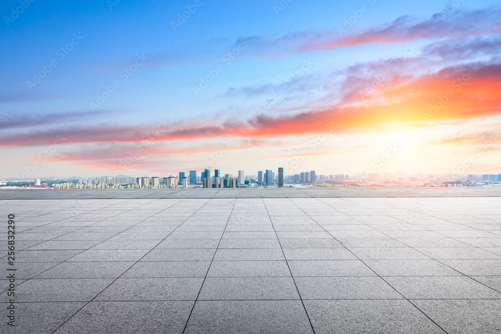 Panoramic city skyline and buildings with empty square floor in Shanghai,high angle view