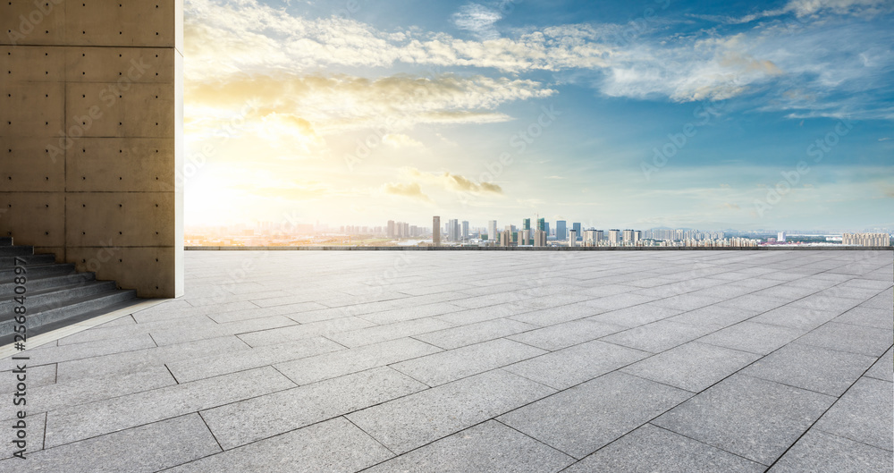 Panoramic city skyline and buildings with empty square floor in Shanghai,high angle view