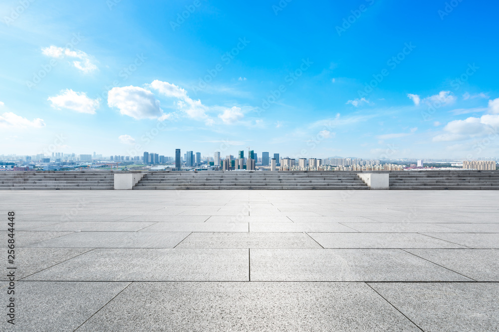 Panoramic city skyline and buildings with empty square floor in Shanghai,high angle view