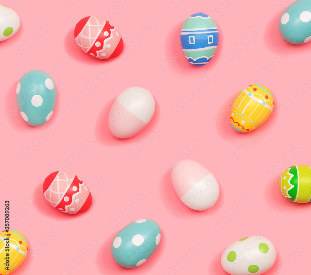 Colorful Easter eggs overhead view flat lay