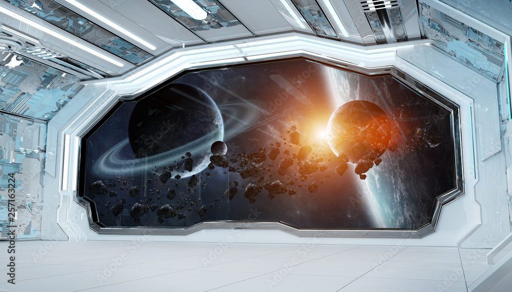 White blue spaceship futuristic interior with window view on space and planets 3d rendering