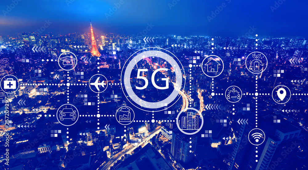 5G network with aerial view of Tokyo, Japan at night