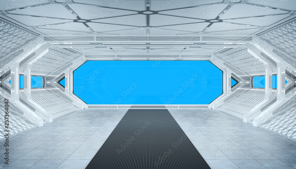 White blue spaceship futuristic interior mockup with window view 3d rendering