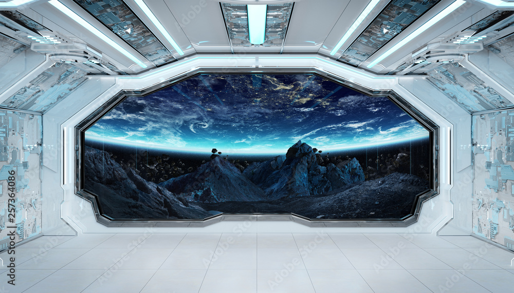 White blue spaceship futuristic interior with window view on space and planets 3d rendering