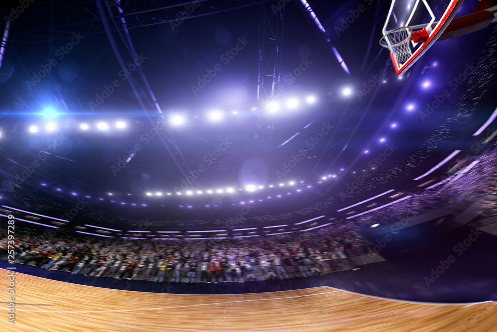 Basketball court wide view. all cort in a little motion blur. blue toning