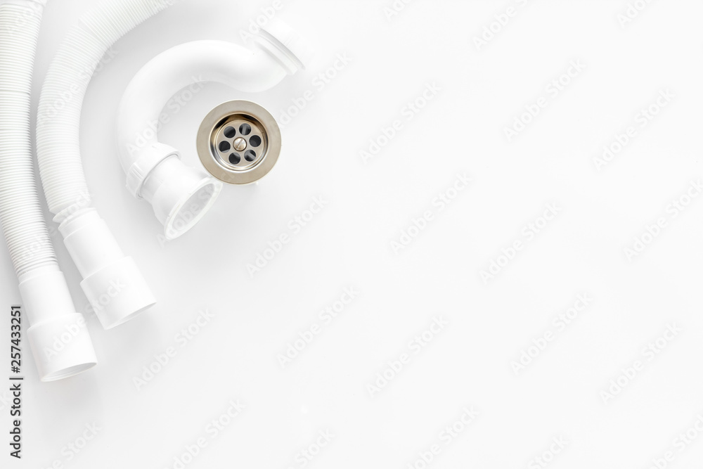 Plumber work with instruments, tools and gear on white background top view mock up