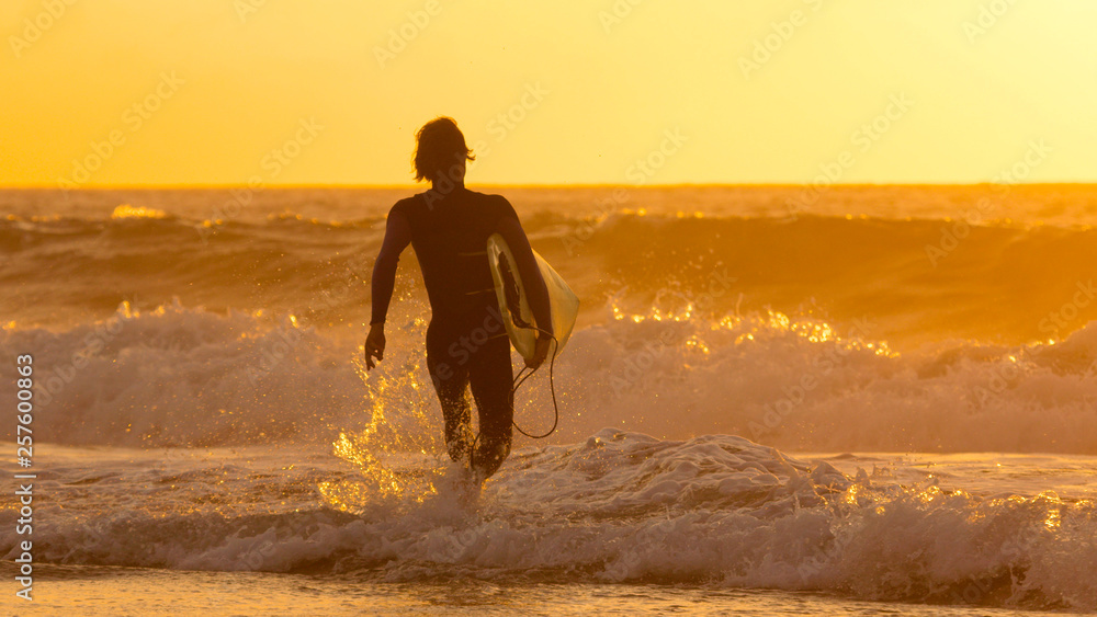 SILHOUETTE: Golden morning sunbeams shine on surfboarder entering the water.