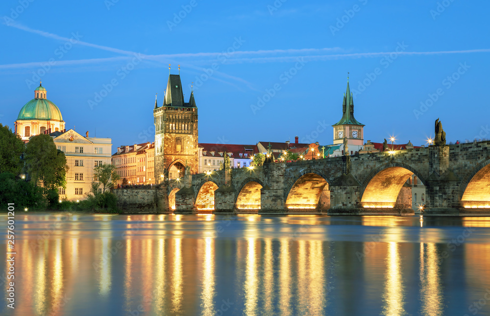 Scenic view Charles bridge and historical center of Prague, buildings and landmarks of old town at s