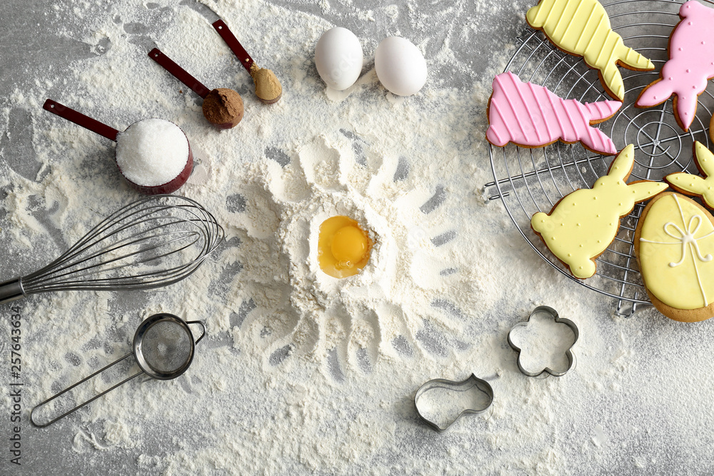 Composition with ingredients for tasty Easter cookies on table