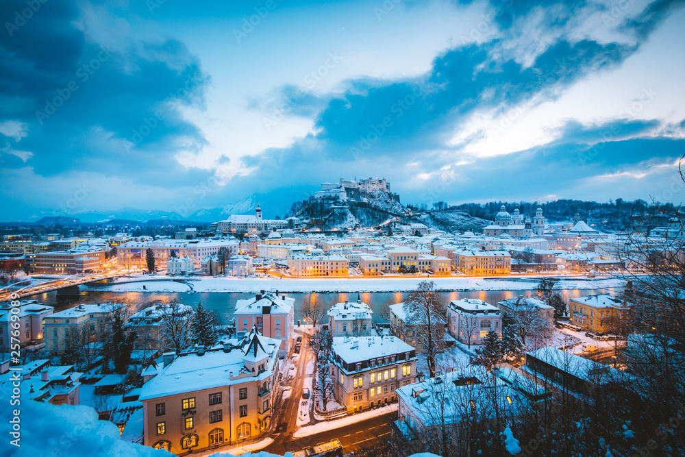 Classic view of Salzburg at Christmas time in winter, Austria