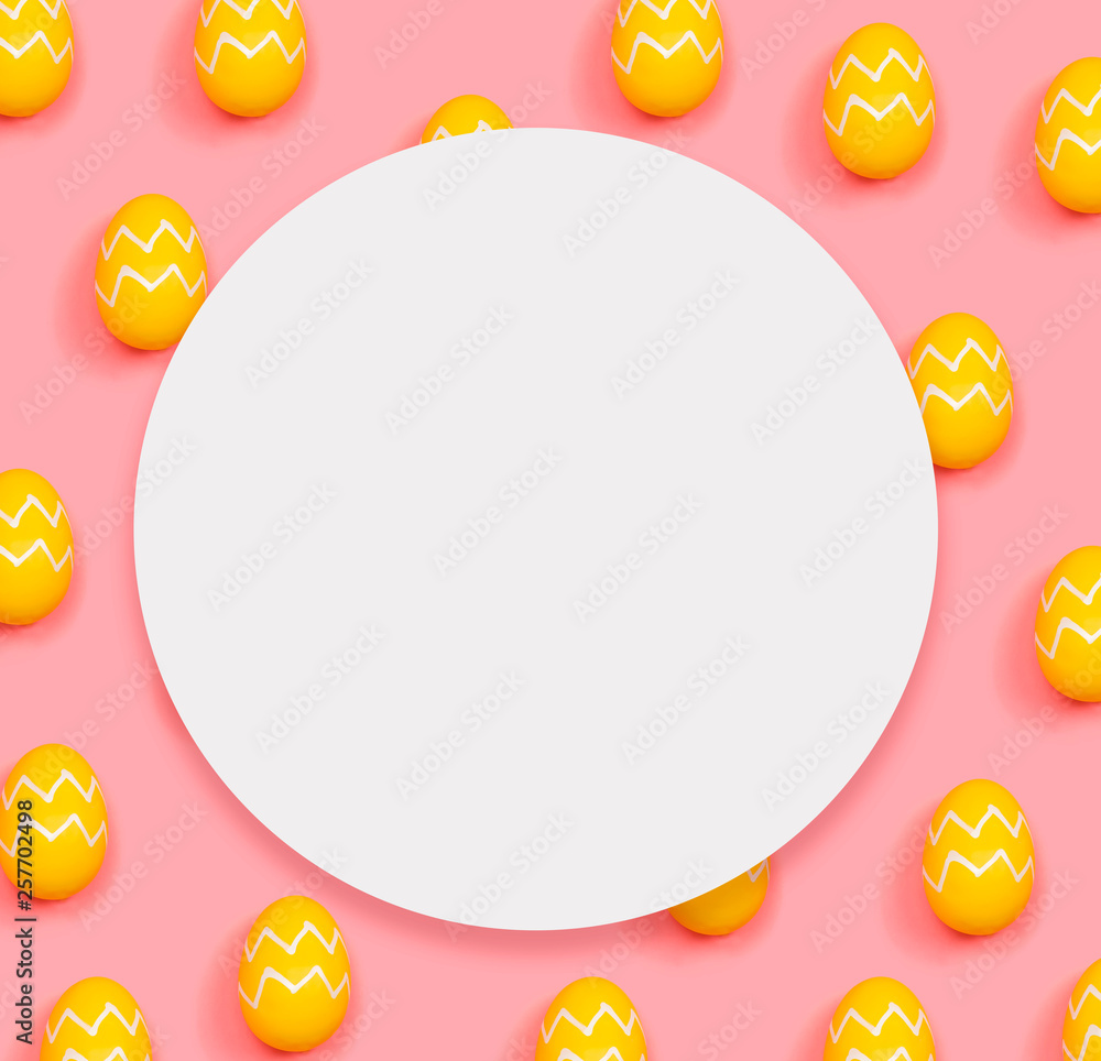 Colorful Easter eggs with round shaped paper overhead view flat lay