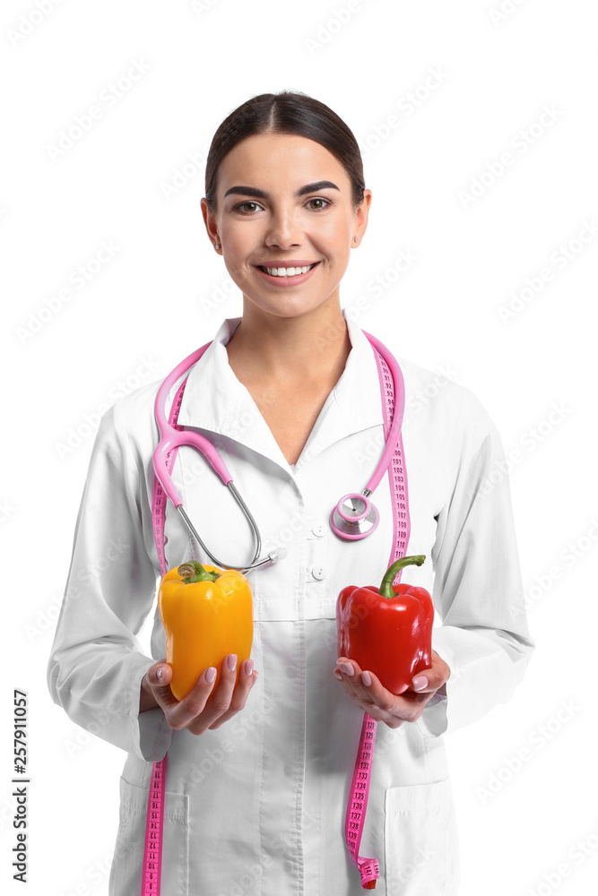 Portrait of female nutritionist on white background