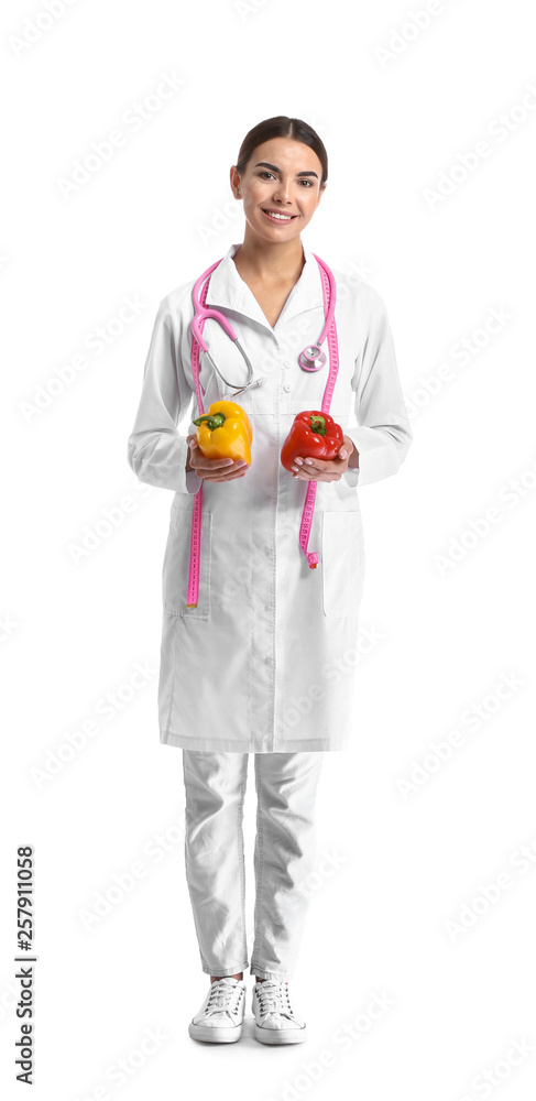 Portrait of female nutritionist on white background