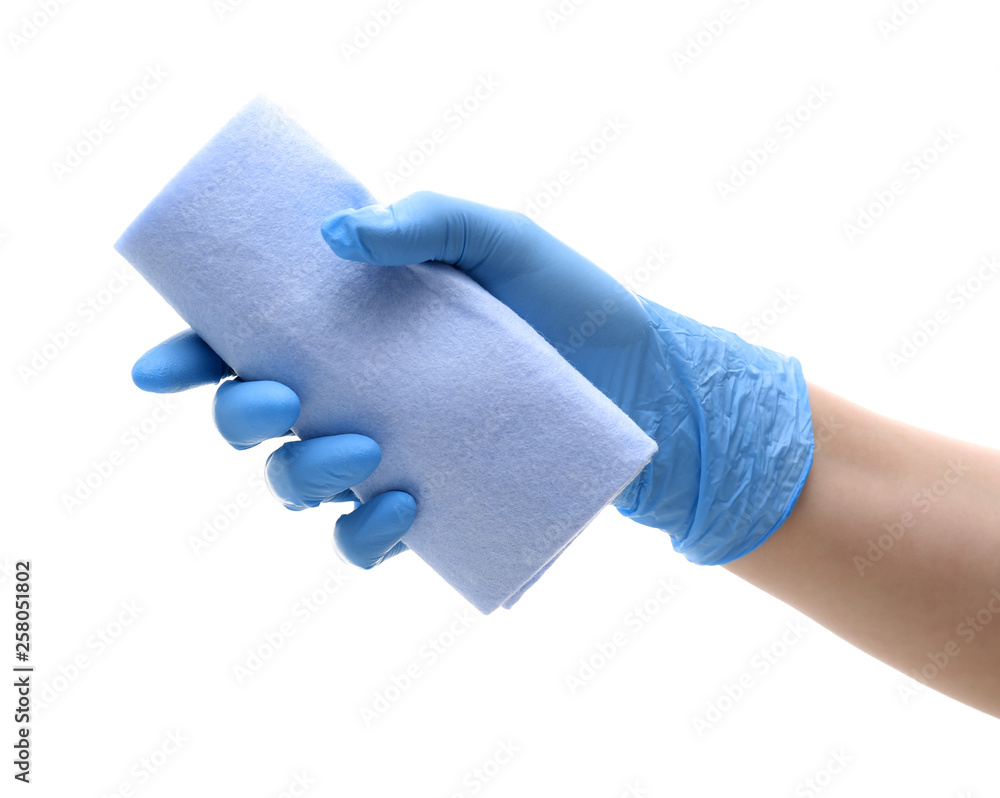 Female hand with napkin on white background