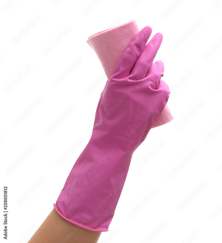 Female hand with napkin on white background