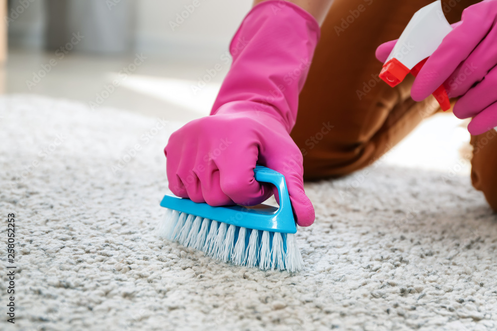 Woman cleaning carpet at home, closeup