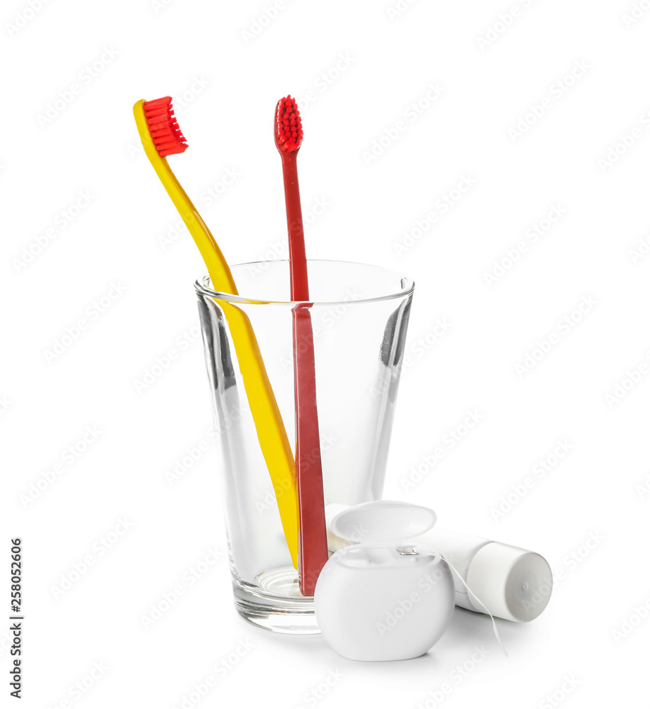 Set for dental hygiene on white background