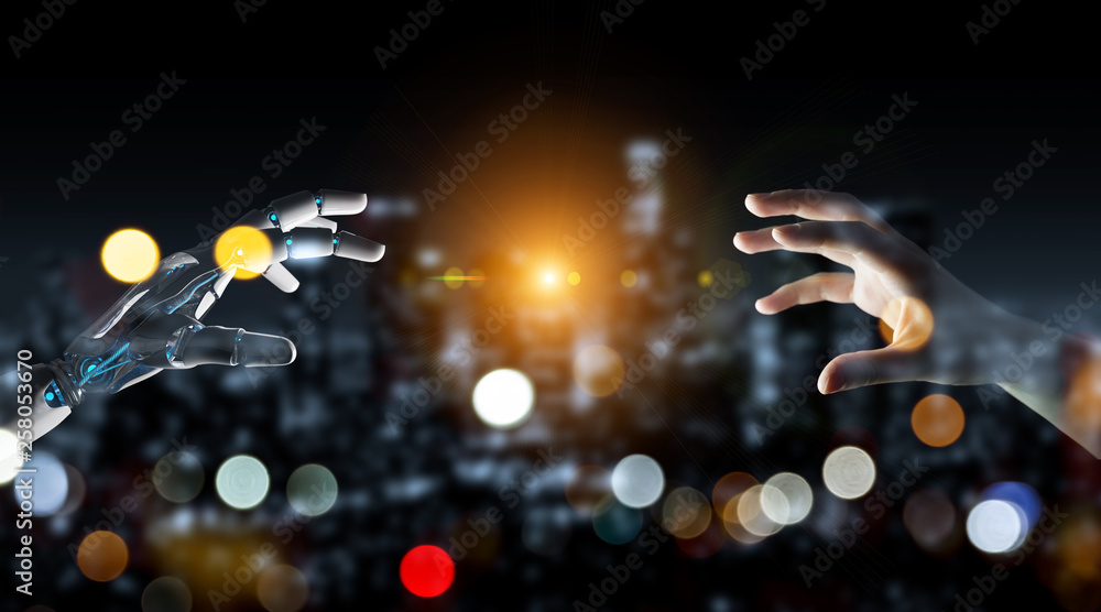 Robot hand making contact with human hand on dark background 3D rendering