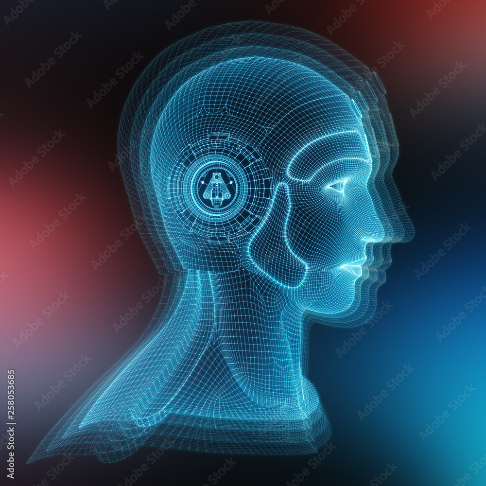 Wireframed robotic man head representing artificial intelligence 3D rendering