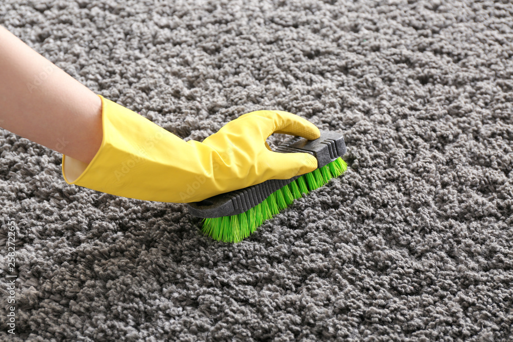 Woman cleaning carpet at home