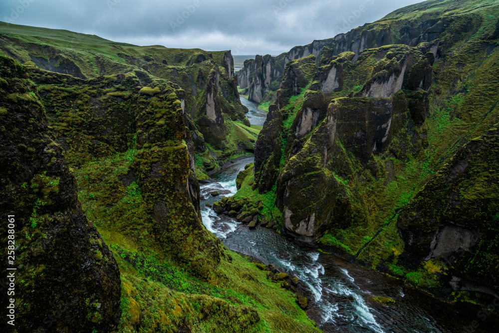 Unique landscape of Fjadrargljufur in Iceland. Top tourism destination. Fjadrargljufur Canyon is a m