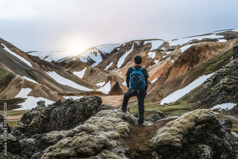 Traveler hiking at Landmannalaugar surreal nature landscape in highland of Iceland, Nordic, Europe. 