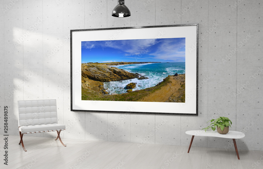 Large horizontal frame hanging on a white concrete wall 3D rendering