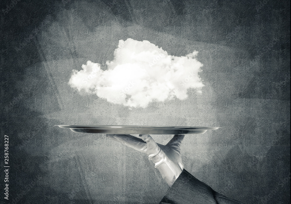 Hand of waitress presenting cloud on tray.