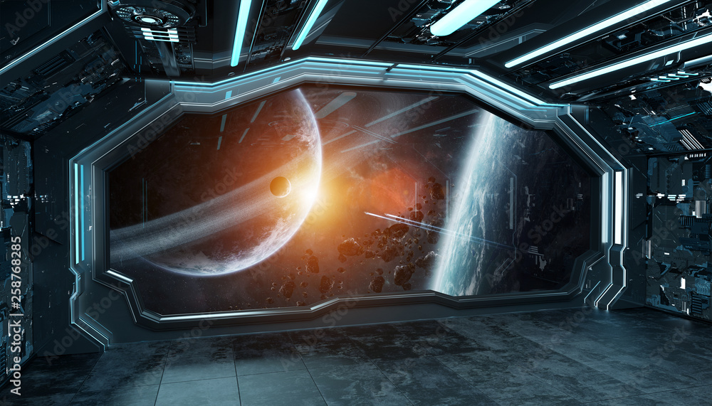 Dark blue spaceship futuristic interior with window view on space and planets 3d rendering