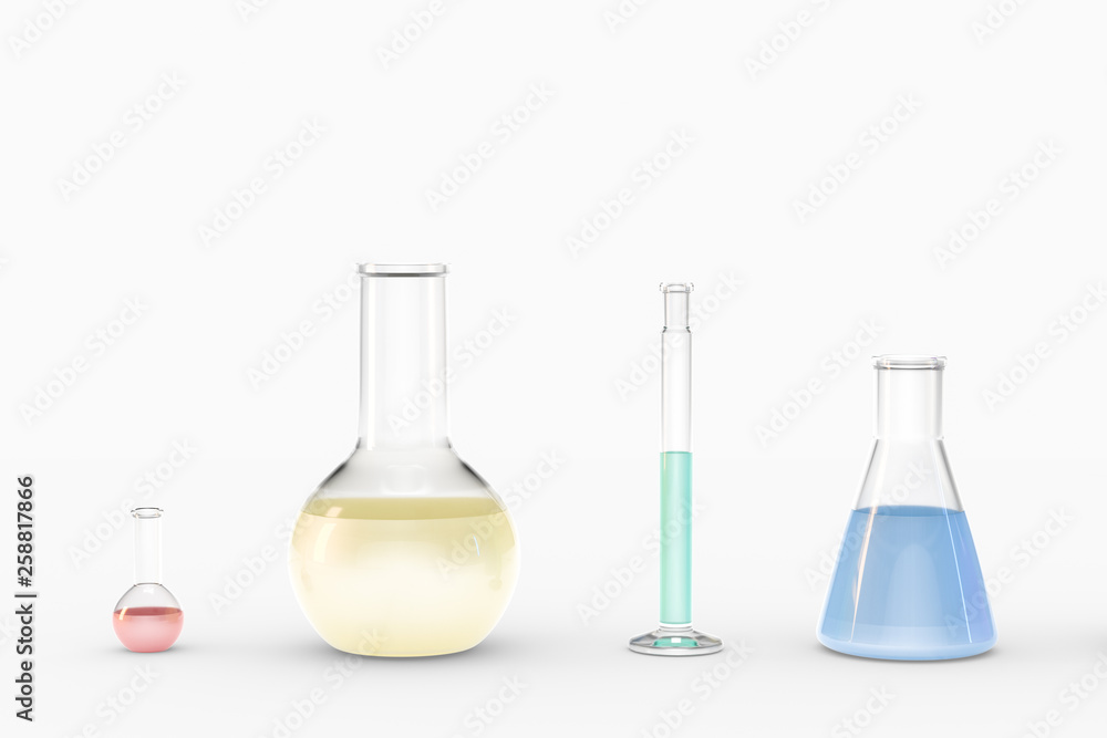 实验室中的三维渲染、试管和烧杯