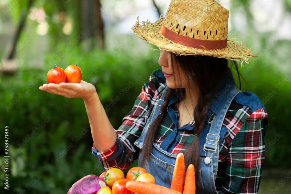 Asia farmer woman  holding  fresh tomatoes with vegetables in basket outdoors at farm