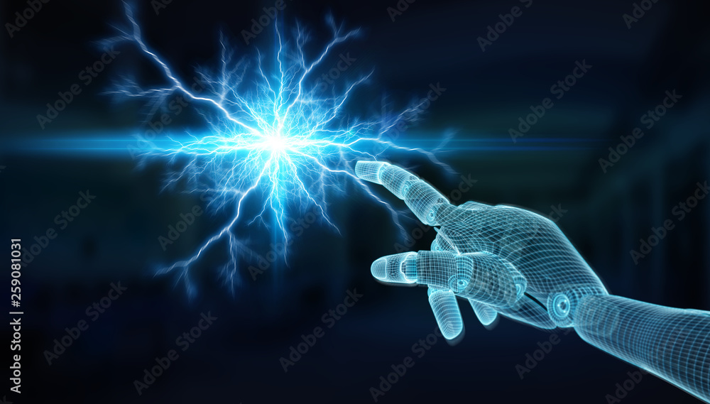 Wireframed blue robot hand touching digital connection on dark background 3D rendering