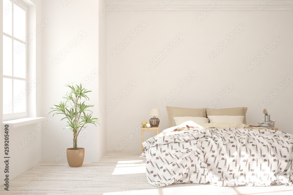 White stylish minimalist bedroom. Scandinavian interior design. 3D illustration