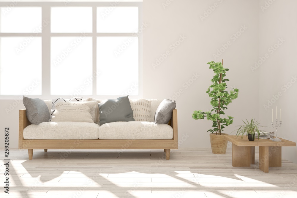 White stylish minimalist room with sofa. Scandinavian interior design. 3D illustration