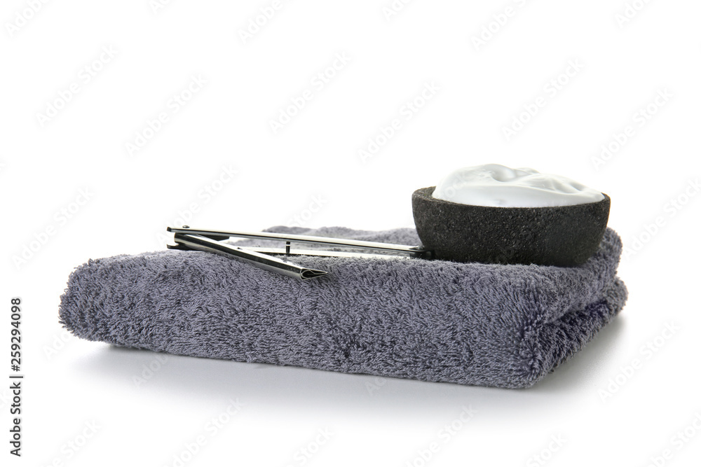 Set of male shaving accessories on white background