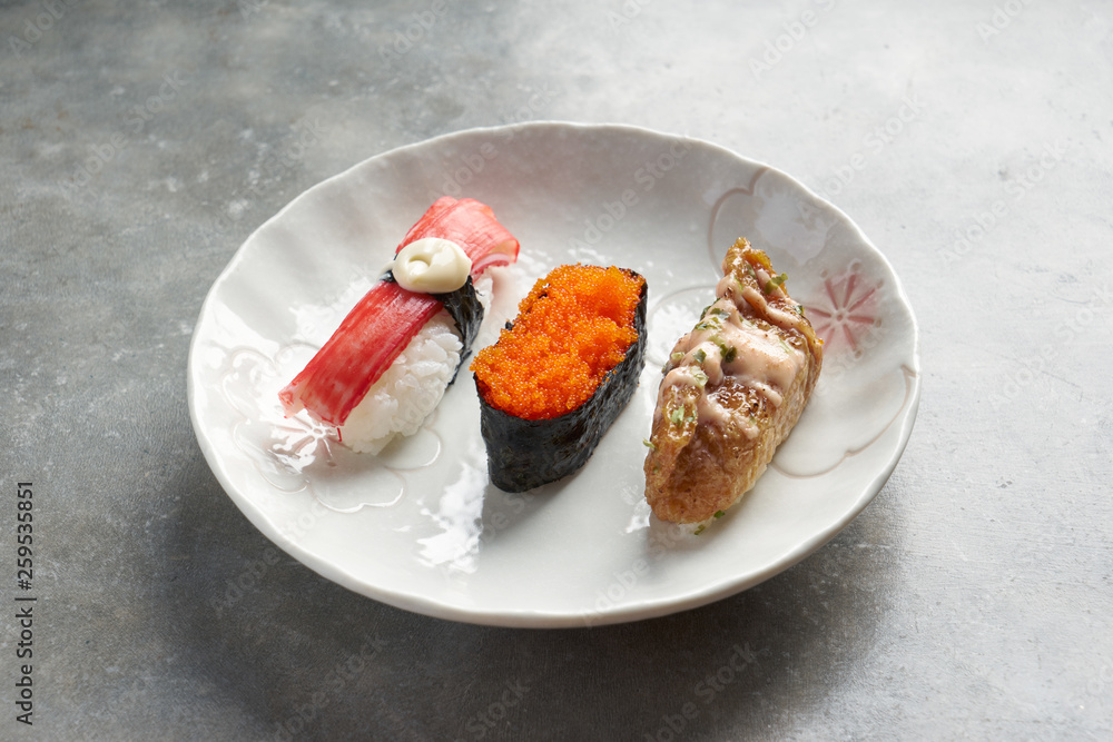 Close up of Japanese sushi set on white plate