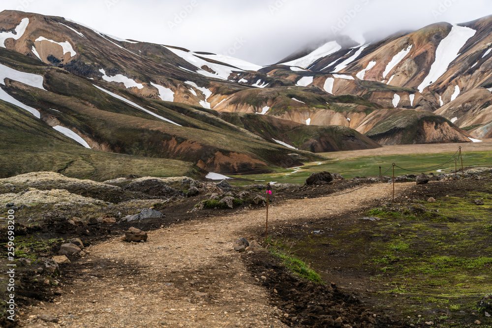 Beautiful Landmanalaugar gravel dust road way on highland of Iceland, Europe. Muddy tough terrain fo