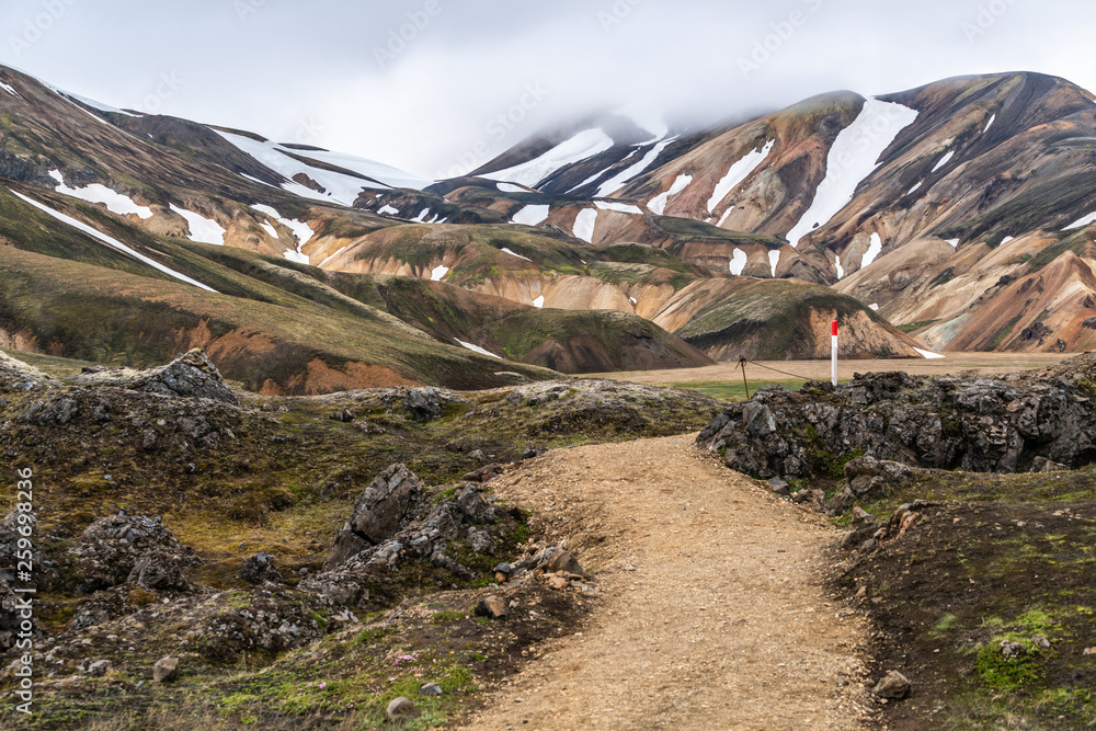 Beautiful Landmanalaugar gravel dust road way on highland of Iceland, Europe. Muddy tough terrain fo