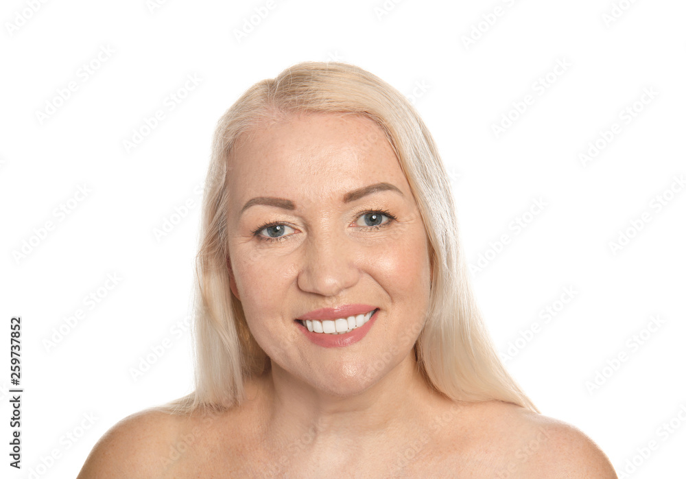 Mature woman with healthy skin on white background