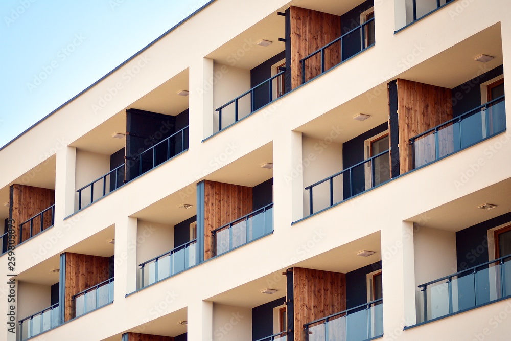 European modern residential architecture. Fragment of a modern apartment building in front. Very mod